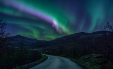Northern lights over mountain road, Flakstad, Lofoten, Nordland, Noruega — Fotografia de Stock