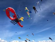 Aquiloni che volano in cielo ad un Festival degli Aquiloni, Fanoe, Danimarca — Foto stock