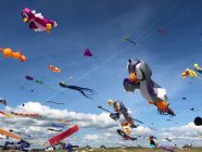 Aquiloni che volano in cielo ad un Festival degli Aquiloni, Fanoe, Danimarca — Foto stock