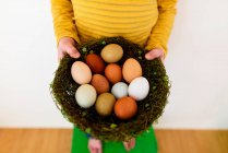 Primer plano de un niño sosteniendo un nido con huevos frescos - foto de stock