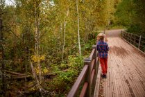 Niño parado en un puente en el bosque, Estados Unidos - foto de stock