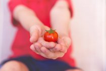 Ragazzo con in mano un pomodoro — Foto stock