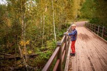 Garçon souriant debout sur un pont dans la forêt, États-Unis — Photo de stock