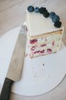 Шматочок малини і вершкового сирного торта поруч з ножем — стокове фото