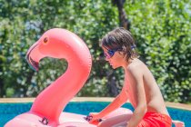 Menino sentado em um flamingo inflável em uma piscina, Bulgária — Fotografia de Stock