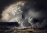Olas estrellándose contra un faro y un muro de mar, italia - foto de stock