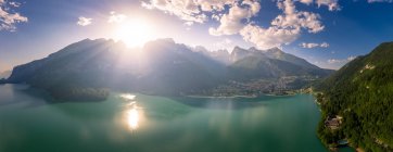Aerial view of Molveno lake, Molveno, Trentino, Trento, Italy — Stock Photo