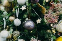 Primer plano de las decoraciones en un árbol de Navidad - foto de stock