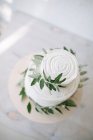 Вид зверху на дворівневий весільний торт з прикрасою глазур'ю та оливковою гілкою — стокове фото
