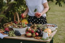 Tiro recortado de la mujer por la mesa con frutas y verduras frescas - foto de stock