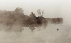Людина, яка веслує на озері Дідзіуліс у ранковому тумані Тракай (Литва). — стокове фото