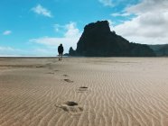 Vue arrière d'un homme marchant vers Lion Rock, plage de Piha, parc régional de Waitakere Ranges, île du Nord, Nouvelle-Zélande — Photo de stock