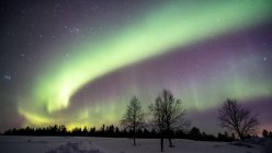 Langzeitbelichtungsaufnahme von Nordlichtern über winterlicher Waldlandschaft, Lappland, Finnland — Stockfoto
