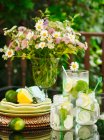 Jug and jars of Lemonade on a table in the garden — Stock Photo