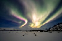 Longue exposition des aurores boréales au-dessus du paysage forestier hivernal, Laponie, Finlande — Photo de stock