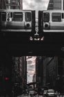 Train driving along elevated train tracks, Chicago, Illinois, United States — Stock Photo