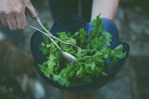 Donna che serve insalata fresca — Foto stock