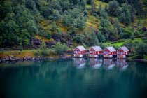 Fila de casas con vistas a Aurlandsfjord, Flam, Flamsdalen, Sogn og Fjordane, Noruega - foto de stock