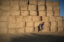 Donna che passa davanti a una pila di balle di fieno in un campo, Deux-Sevres, Nouvelle Aquitaine, Francia — Foto stock