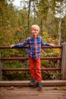 Портрет улыбающегося мальчика, стоящего на мосту, США — стоковое фото