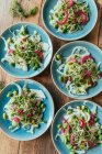 Five plates of radish salad with red onion, edamame beans and bean sprouts — Stock Photo