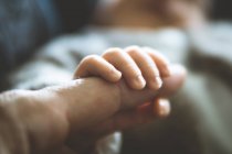 Крупним планом дитина тримає батьківський палець — стокове фото