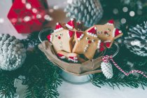 Bucket of Santa cookies surrounded by Christmas decorations — Stock Photo