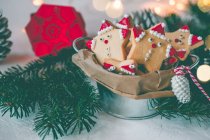 Bucket of Santa cookies surrounded by Christmas decorations — Stock Photo