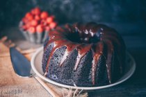 Deliziosa torta ricoperta di cioccolato fuso, messa a fuoco selettiva — Foto stock