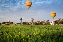 Heißluftballons fliegen über der Stadt, Luxor, Ägypten — Stockfoto