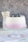 Angel cake on a cake stand with cream and blueberries — Stock Photo