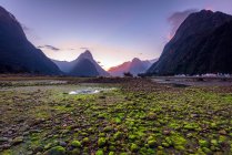 Митри Пик на закате, Милфорд Саунд, Южный остров, Новая Зеландия — стоковое фото