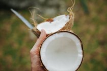 Mann schneidet Kokosnuss auf den Seychellen auf — Stockfoto