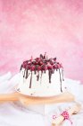 Gâteau à la crème framboise et fraise avec chocolat sur planche en bois, vue rapprochée — Photo de stock