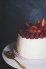 Raspberry and strawberry cream cake on cake stand, close view — Stock Photo
