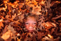 Boy buried in a stack of autumn leaves, United States — Stock Photo