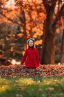 Smiling girl kneeling in a stack of autumn leaves, United States — Stock Photo
