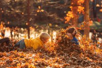 Двоє хлопців грають у купі листя (США). — стокове фото
