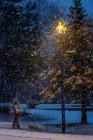 Boy standing in a snow storm looking up at a street lantern, United States — Stock Photo