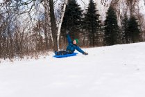 Boy on a sledge laughing, Wisconsin, United States — Stock Photo