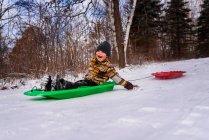 Boy on a sledge laughing, Wisconsin, United States — Stock Photo