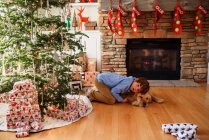Niño abrazando con perro en navidad decorado interior - foto de stock