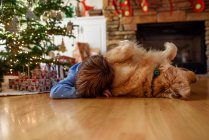 Boy hugging with dog in christmas decorated interior — Stock Photo