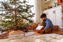 Garçon agenouillé devant un arbre de Noël regardant des cadeaux — Photo de stock