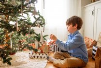 Boy hanging decorations on a Christmas tree — Stock Photo