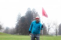 Чоловік стоїть на полі для гольфу з прапором для гольфу (Німеччина). — стокове фото