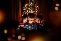 Tres niños sentados frente a un árbol de Navidad leyendo un libro - foto de stock