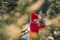 Menina escolhendo uma árvore de Natal em uma fazenda de árvore de Natal, Estados Unidos — Fotografia de Stock