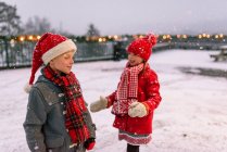 Deux enfants jouent dans la neige à Noël, États-Unis — Photo de stock