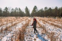 Boy walking in a field in winter, United States — Stock Photo